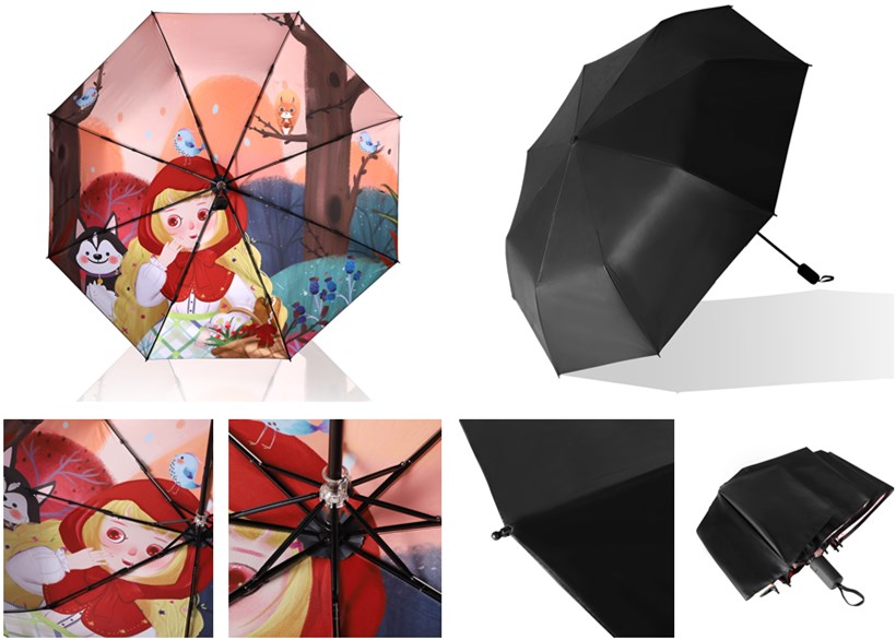 Sammenleggbar regnparaply med tegneseriemønster